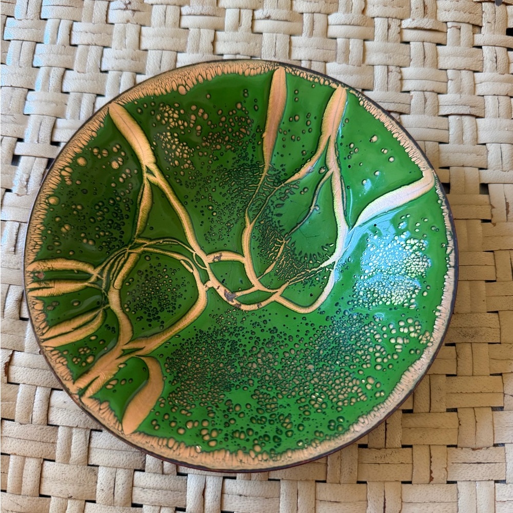 Green & Gold Enamelware Bowl Art Dish by Bernice Marc